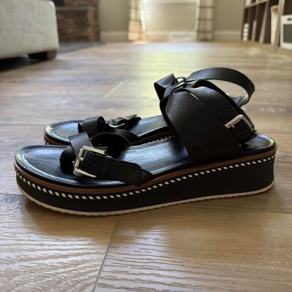 Franco Sarto Black Leather Chunky Platform Sandals White Sole Stitching SZ 9.5